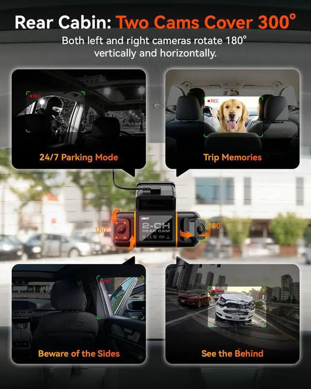 Alt view image 4 of 7 - N9 5 Channel Dash Cam 360° View, 5.8G WiFi-6 with App, Free 128GB Card, FHD Front & Rear Inside, Left, Right Dash Camera for Car, 12 IR Lights Night Vision, GPS, 24/7 Parking Mode, G-Sensor