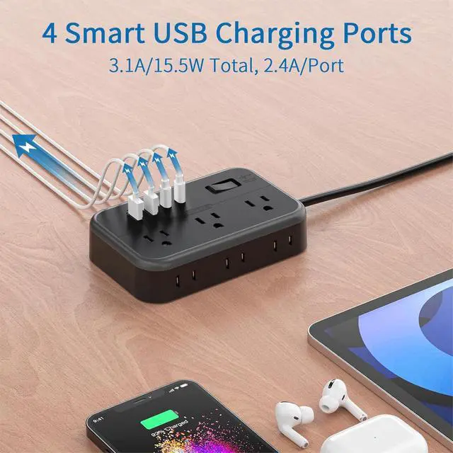 Alt view image 4 of 7 - Extension Cord 25 Ft Long Extension Cord with 6 Widely Spaced Outlet, Power Strip with 4 USB Port(2 USB-C), Wall Mount for Home Office, Dorm Room and Nightstand, Black