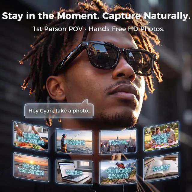 Alt view image 3 of 7 - AI Smart Glasses, 8MP 4K POV Camera, EIS HD Video, Translation | AI Vision Assistant, Transcription, Open-Ear Audio/Calls, Bluetooth Sunglasses+Photochromic Lenses, Premium Box, Vlog/Travel