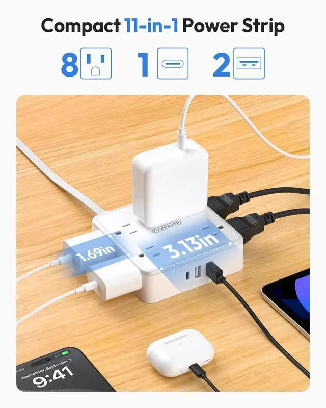 Alt view image 2 of 7 - 15 FT Flat Extension Cord with 8 Widely Outlets 3 USB Ports (1 USBC), 1080J Surge Protector Power Strip, White Desk Charging Station Dorm Room Essentials