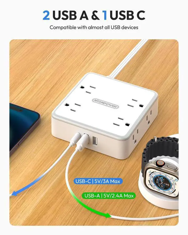 Alt view image 7 of 7 - 15 FT Flat Extension Cord with 8 Widely Outlets 3 USB Ports (1 USBC), 1080J Surge Protector Power Strip, White Desk Charging Station Dorm Room Essentials