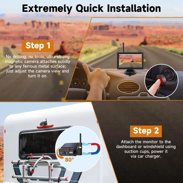 Alt view image 2 of 4 - Magnetic Solar Wireless Backup Camera with 5 HD Monitor No Wiring Rechargeable Battery IP68 IR Night Vision Rearview Camera System for Car RV Truck 5th Wheels Skid Steer Horse Trailer Hitch Camera