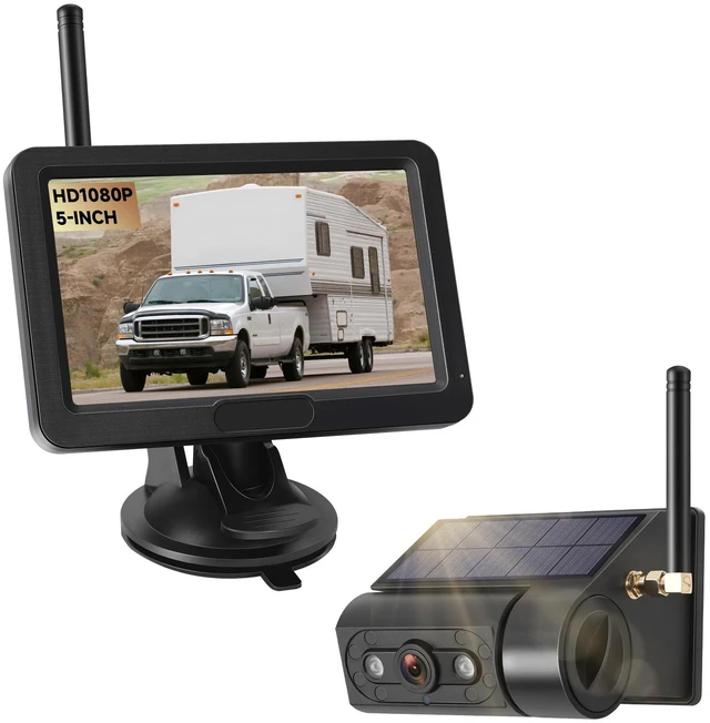 Main image of Magnetic Solar Wireless Backup Camera with 5 HD Monitor No Wiring Rechargeable Battery IP68 IR Night Vision Rearview Camera System for Car RV Truck 5th Wheels Skid Steer Horse Trailer Hitch Camera