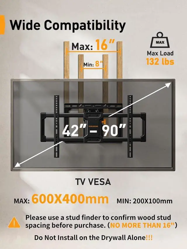 Alt view image 2 of 7 - UL Listed Full Motion TV Wall Mount for 42-90" TVs up to 132lbs | Heavy Duty TV Mount with Dual Articulating Arms, Tool-Free Smooth Tilt, Swivel, Fits 16" Studs, Max VESA 600x400mm, PGLF8