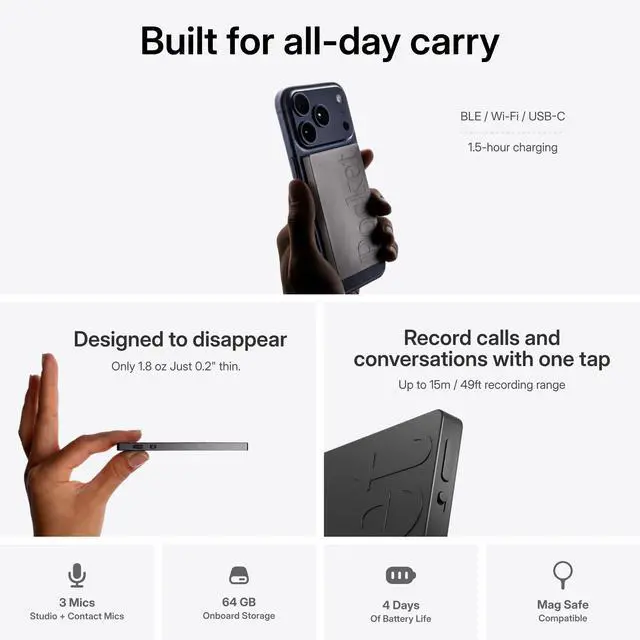 Alt view image 4 of 7 - AI Voice Recorder, Auto Transcription, AI Note Taker, Space Grey | Recording Device, Action Items, Mind Maps, Ask, 4-Day Battery, MagSafe, iOS & Android