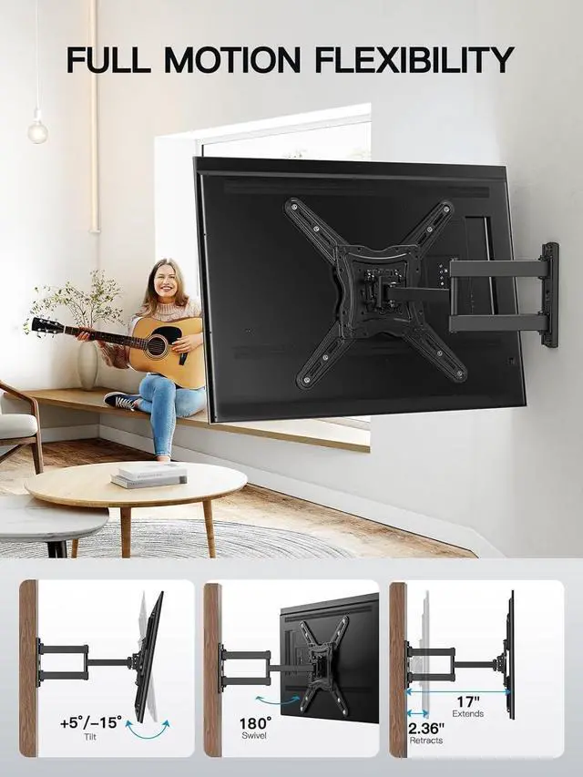 Alt view image 5 of 7 - Full Motion TV Wall Mount for 2665 inch TVs up to 77 lbs | Max VESA 400x400mm, TV Mount Bracket with Articulating Arms, Extension, Tilt, Swivel, Leveling, Reinforced Steel Structure