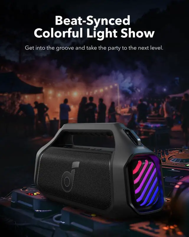 Alt view image 4 of 7 - Boom 2 Plus Portable Speaker By Anker, 140W, 2+2 Channel Audio | IPX7 Waterproof, BassUp 2.0, 20H playtime, fast charge, RGB lights, power bank, Bluetooth 5.3, camping & beach use