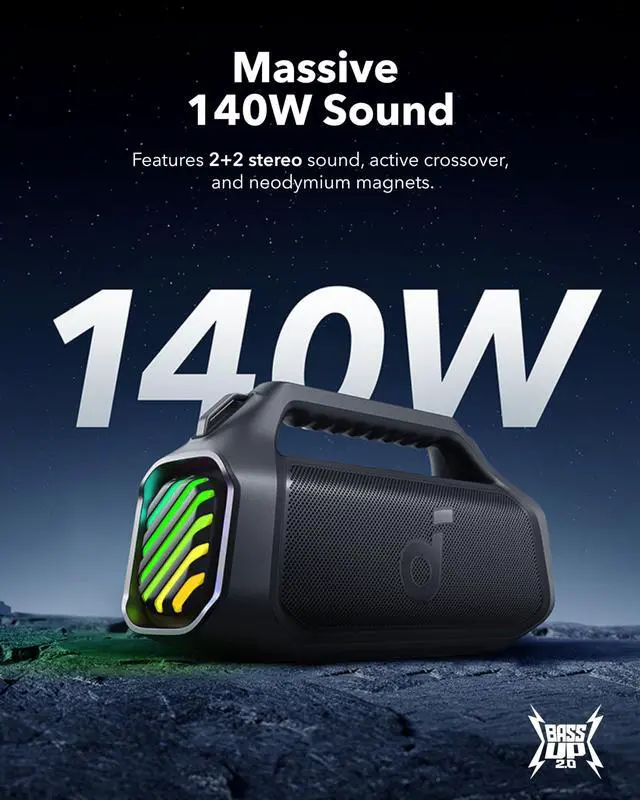 Alt view image 7 of 7 - Boom 2 Plus Portable Speaker By Anker, 140W, 2+2 Channel Audio | IPX7 Waterproof, BassUp 2.0, 20H playtime, fast charge, RGB lights, power bank, Bluetooth 5.3, camping & beach use
