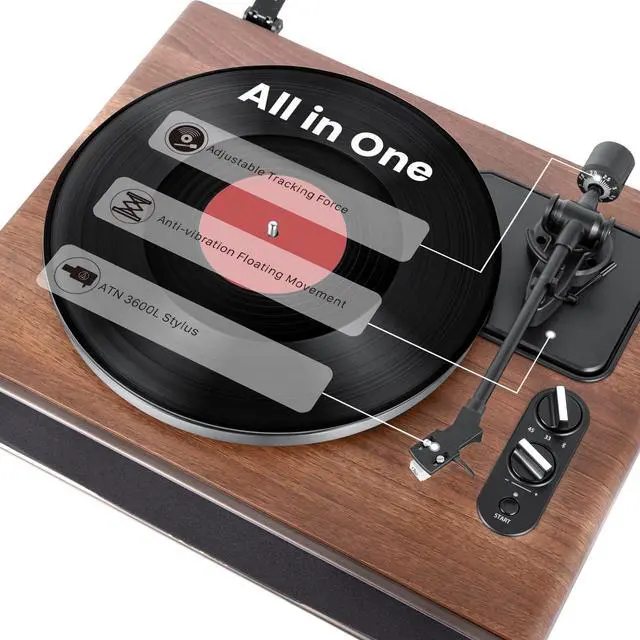 Alt view image 3 of 7 - 1 BY ONE High Fidelity Belt Drive Turntable with Built-in Speakers | Vinyl Record Player with Magnetic Cartridge, Wireless Playback and Aux-in Functionality, Auto Off