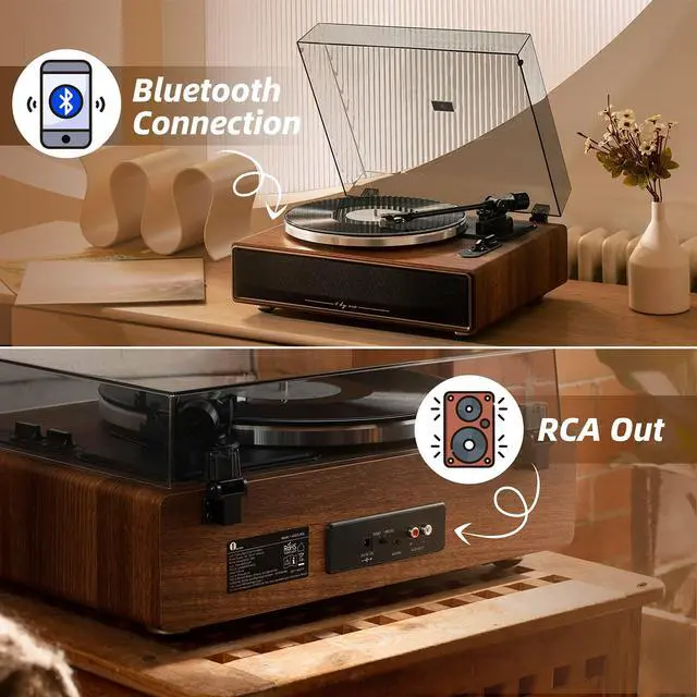 Alt view image 4 of 7 - 1 BY ONE High Fidelity Belt Drive Turntable with Built-in Speakers | Vinyl Record Player with Magnetic Cartridge, Wireless Playback and Aux-in Functionality, Auto Off