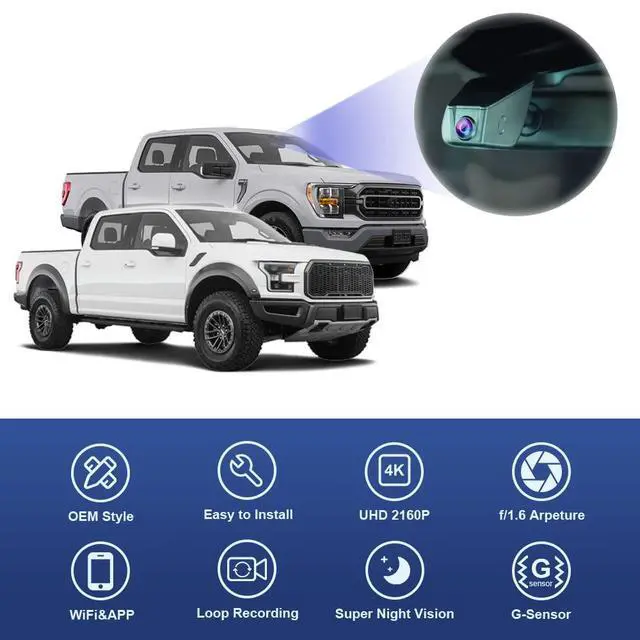 Alt view image 4 of 7 - 4K Dash Cam Suitable for Ford F150 & F250 2021-2025 Limited XLT XL Raptor Lariat Platinum King Ranch Tremor, OEM Look, UHD 2160P Video, WiFi&APP, Loop Recording, G-Sensor, Plug&Play, 64GB Card