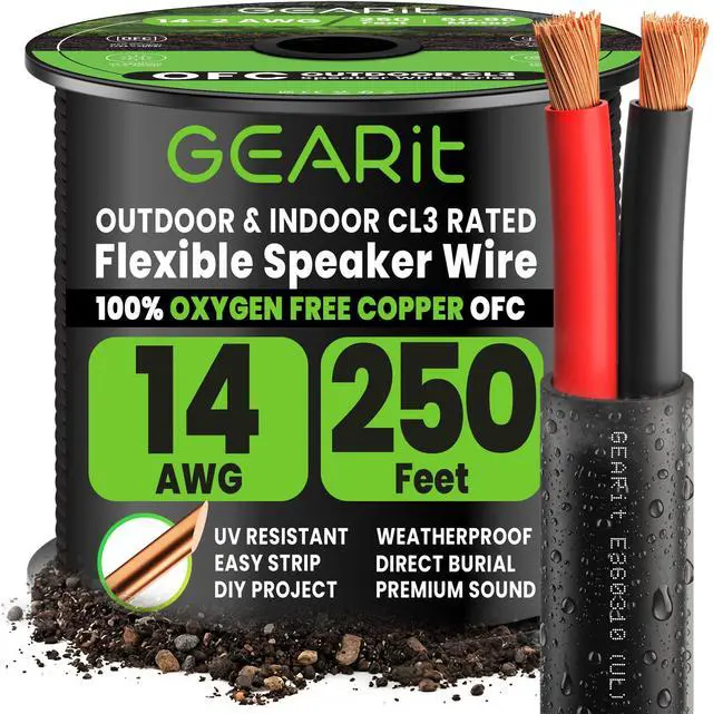 Main image of Outdoor Speaker Wire 14 Gauge OFC,UL CL3 in Wall Speaker Cable 250FT | 14 Gauge Speaker Wire with Foot Markers,Polarity Marked,14 AWG Copper Wires for Car,Garden,Commercial(OFC,Black,2 Conductors)