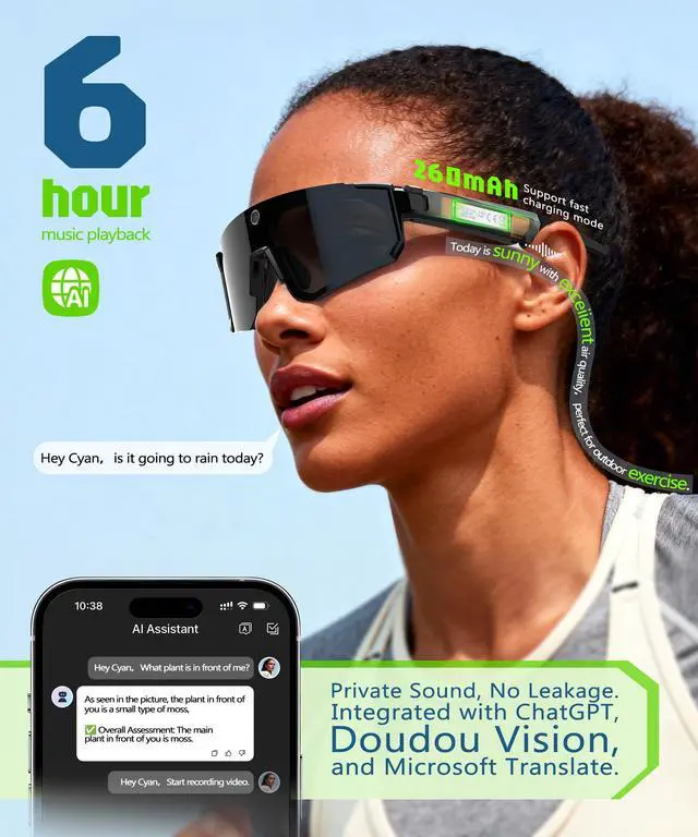 Alt view image 3 of 7 - AI Ultra Pro Smart Glasses: 4K Wearable Camera with 6-Axis EIS Stabilization, ChatGPT-4o Voice Assistant, IP66 Waterproof Sport Sunglasses, Dual-Mic ENC Noise Cancelling Obsidian Gray