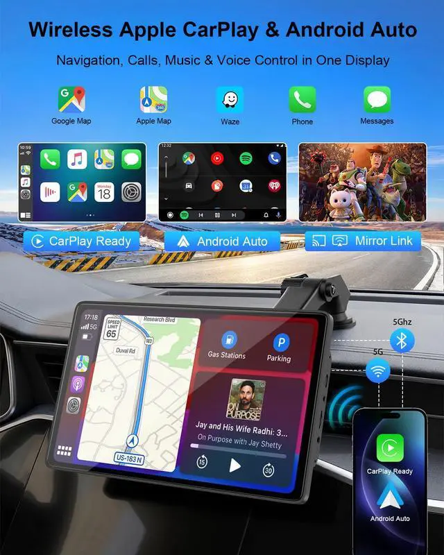 Alt view image 2 of 7 - CarPlay Screen for Car, 9" Wireless Apple CarPlay & Android Auto | with 1080P Backup Camera, Night Vision, Navigation Support, Mirror Link, Voice Control, Bluetooth/FM/AUX Audio, Easy Setup