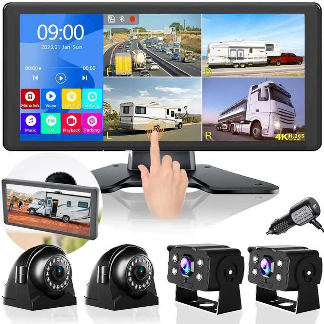 Main image of 4K RV Backup Camera System 10.36" Quad Split Touch Screen Monitor with 4 1080P Rear Side View Camera, DVR Recording Bluetooth MP3 MP5 IP69 Waterproof Night Vision for RV Truck Trailer Tractor