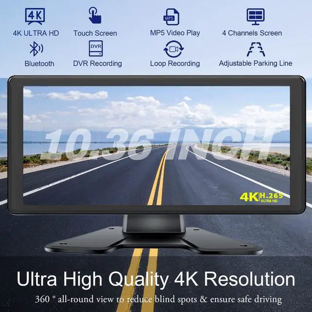 Alt view image 2 of 7 - 4K RV Backup Camera System 10.36" Quad Split Touch Screen Monitor with 4 1080P Rear Side View Camera, DVR Recording Bluetooth MP3 MP5 IP69 Waterproof Night Vision for RV Truck Trailer Tractor