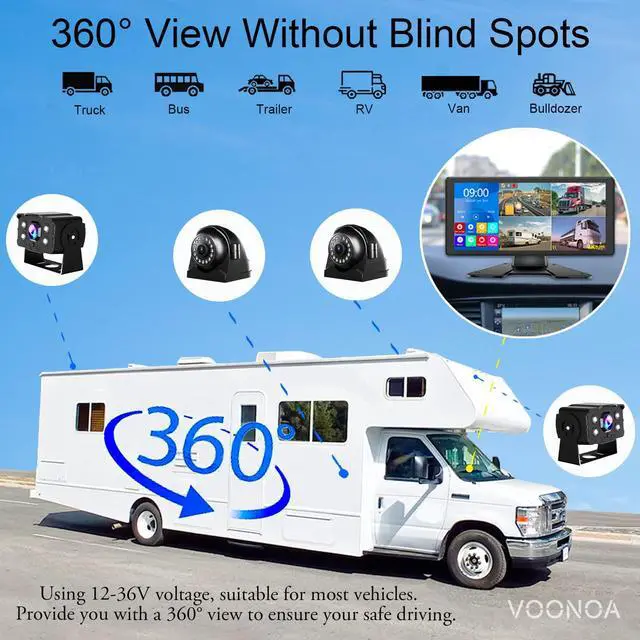 Alt view image 4 of 7 - 4K RV Backup Camera System 10.36" Quad Split Touch Screen Monitor with 4 1080P Rear Side View Camera, DVR Recording Bluetooth MP3 MP5 IP69 Waterproof Night Vision for RV Truck Trailer Tractor