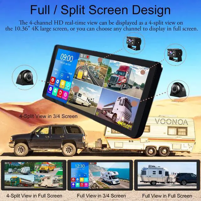 Alt view image 3 of 7 - 4K RV Backup Camera System 10.36" Quad Split Touch Screen Monitor with 4 1080P Rear Side View Camera, DVR Recording Bluetooth MP3 MP5 IP69 Waterproof Night Vision for RV Truck Trailer Tractor