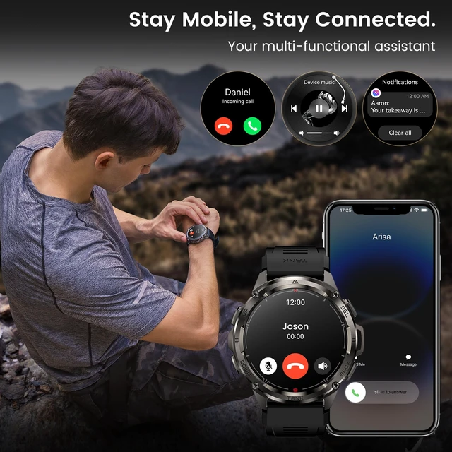 Alt view image 3 of 7 - T3 Ultra Smart Watches for Men, GPS, Rugged, Stainless Steel Body 5 ATM Waterproof, Extra-Large Battery Life, Answer/Make Call, 1.43" AMOLED Display, Compass, Compatible for Android & iPhone