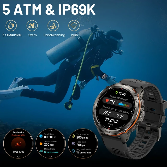 Alt view image 5 of 7 - T3 Ultra Smart Watches for Men, GPS, Rugged, Stainless Steel Body 5 ATM Waterproof, Extra-Large Battery Life, Answer/Make Call, 1.43" AMOLED Display, Compass, Compatible for Android & iPhone