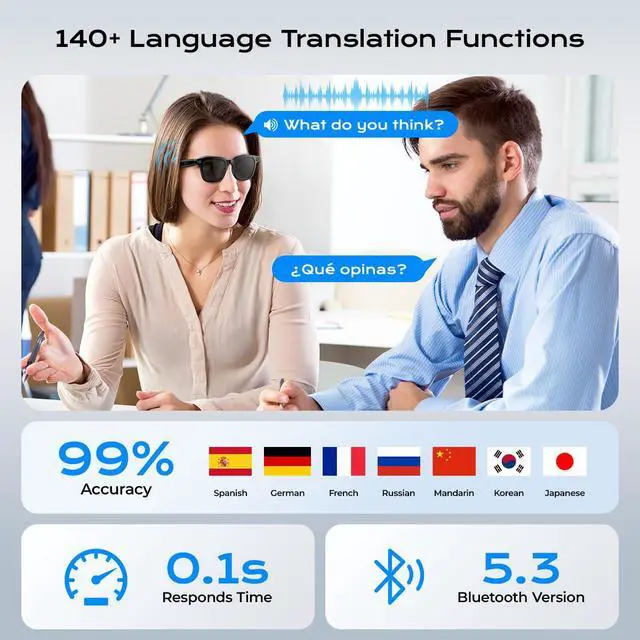 Alt view image 2 of 7 - AI Smart Glasses,HD 1080P Camera Glasses with Video Recording & Photo Taking,140+ Language Real-Time Translation Glasses Perfect for Travel, Business(Black)