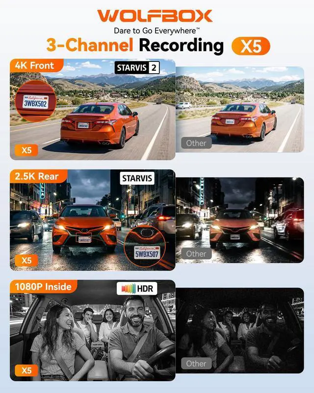 Alt view image 2 of 7 - X5 3 Channel 4K HDR Dash Cam, STARVIS 2 IMX678 8MP Night Vision, 4K+2.5K+1080P Front and Rear Inside Car Camera GPS, Support Voice Control,Touch Screen and 5.8GHz WiFi (Card Not Included)