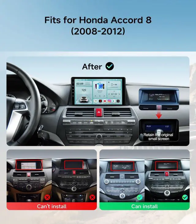 Alt view image 2 of 7 - Car Radio Stereo for Honda Accord 2008-2012, Wireless CarPlay Android Auto | 10.2-inch IPS HD touchscreen, 5G WiFi GPS navigation, phone link, Bluetooth FM AM SWC, 1080P backup camera, plug-and-play