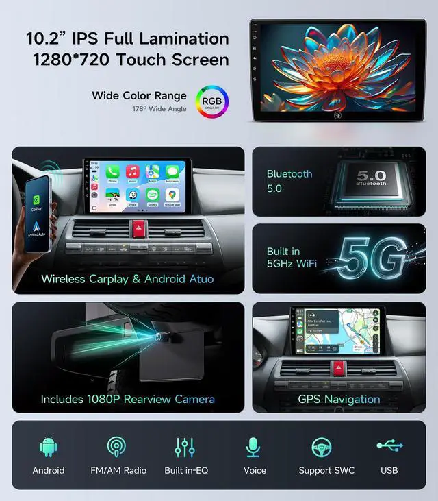 Alt view image 3 of 7 - Car Radio Stereo for Honda Accord 2008-2012, Wireless CarPlay Android Auto | 10.2-inch IPS HD touchscreen, 5G WiFi GPS navigation, phone link, Bluetooth FM AM SWC, 1080P backup camera, plug-and-play