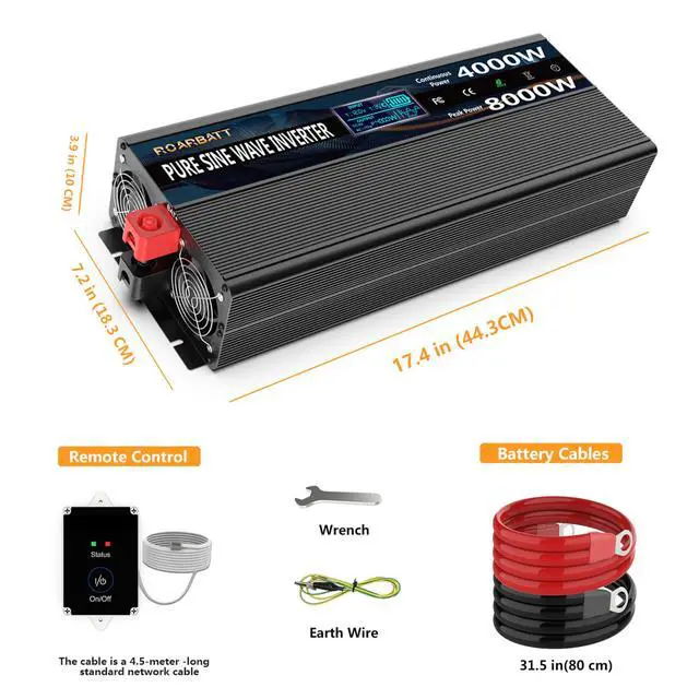 Alt view image 6 of 6 - 4000W Pure Sine Wave Power Inverter 12V DC to 110V/120V AC, 8000W Peak with Remote Control, 4 AC Outlets, Dual USB, LED Display, Heavy Duty Converter for RV, Truck, Solar System, Off-Grid & Emergency
