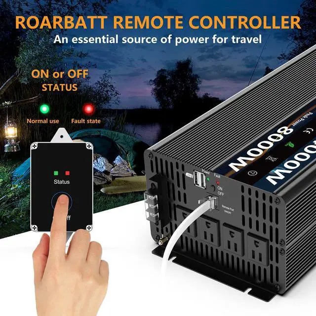 Alt view image 5 of 6 - 4000W Pure Sine Wave Power Inverter 12V DC to 110V/120V AC, 8000W Peak with Remote Control, 4 AC Outlets, Dual USB, LED Display, Heavy Duty Converter for RV, Truck, Solar System, Off-Grid & Emergency