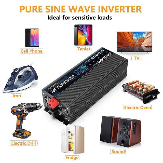 Alt view image 4 of 6 - 4000W Pure Sine Wave Power Inverter 12V DC to 110V/120V AC, 8000W Peak with Remote Control, 4 AC Outlets, Dual USB, LED Display, Heavy Duty Converter for RV, Truck, Solar System, Off-Grid & Emergency