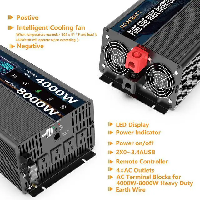 Alt view image 2 of 6 - 4000W Pure Sine Wave Power Inverter 12V DC to 110V/120V AC, 8000W Peak with Remote Control, 4 AC Outlets, Dual USB, LED Display, Heavy Duty Converter for RV, Truck, Solar System, Off-Grid & Emergency