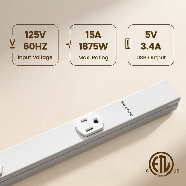 Alt view image 2 of 7 - 24 in Hardwired Under Cabinet Power Strip with USB-A & USB-C | 3 TR Outlets, Custom Length Plug Molding Under Cabinet, Seamless Outlet Strip for Kitchen Cabinets, Workshop, ETL Listed