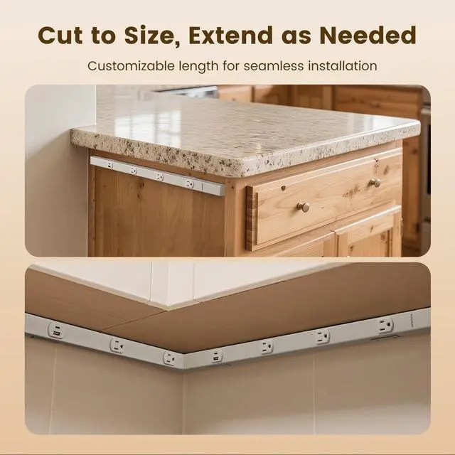 Alt view image 4 of 7 - 24 in Hardwired Under Cabinet Power Strip with USB-A & USB-C | 3 TR Outlets, Custom Length Plug Molding Under Cabinet, Seamless Outlet Strip for Kitchen Cabinets, Workshop, ETL Listed