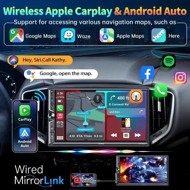 Alt view image 3 of 7 - 7" Double Din Car Stereo Compatible with Wireless Apple CarPlay & Android Auto, 240W 4.2-Channel Dual Subwoofer Ports, Touchscreen, Bluetooth 5.3, Mirrorlink, Backup Camera, FM/AM Car Radio