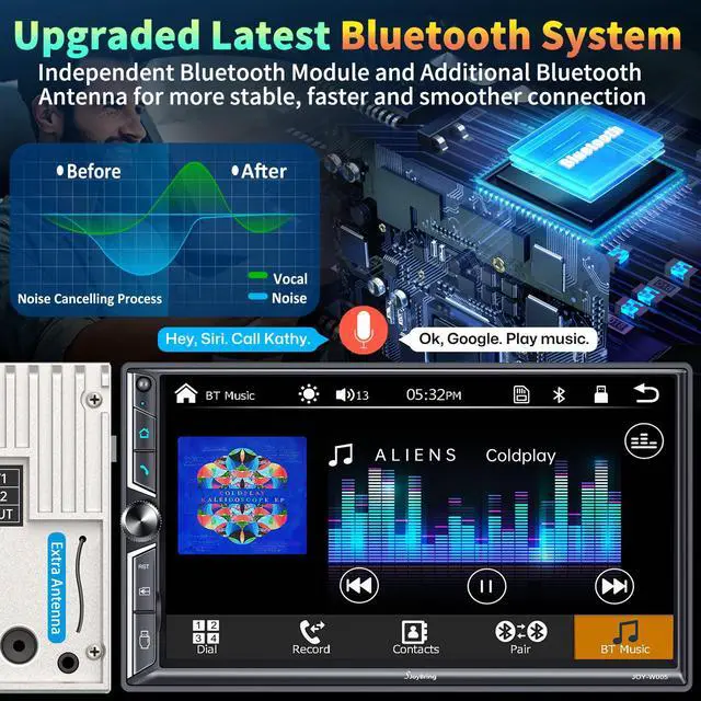 Alt view image 7 of 7 - 7" Double Din Car Stereo Compatible with Wireless Apple CarPlay & Android Auto, 240W 4.2-Channel Dual Subwoofer Ports, Touchscreen, Bluetooth 5.3, Mirrorlink, Backup Camera, FM/AM Car Radio