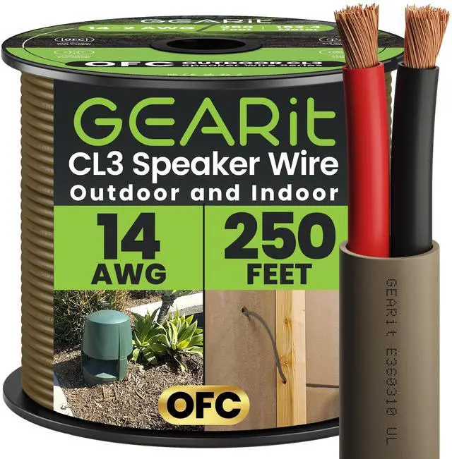 Main image of Outdoor Speaker Wire 14 Gauge OFC,UL CL3 in Wall Speaker Cable 250FT | 14 Gauge Speaker Wire with Foot Markers,Polarity Marked,14 AWG Copper Wires for Car,Garden,Commercial(OFC,Brown,2 Conductors)