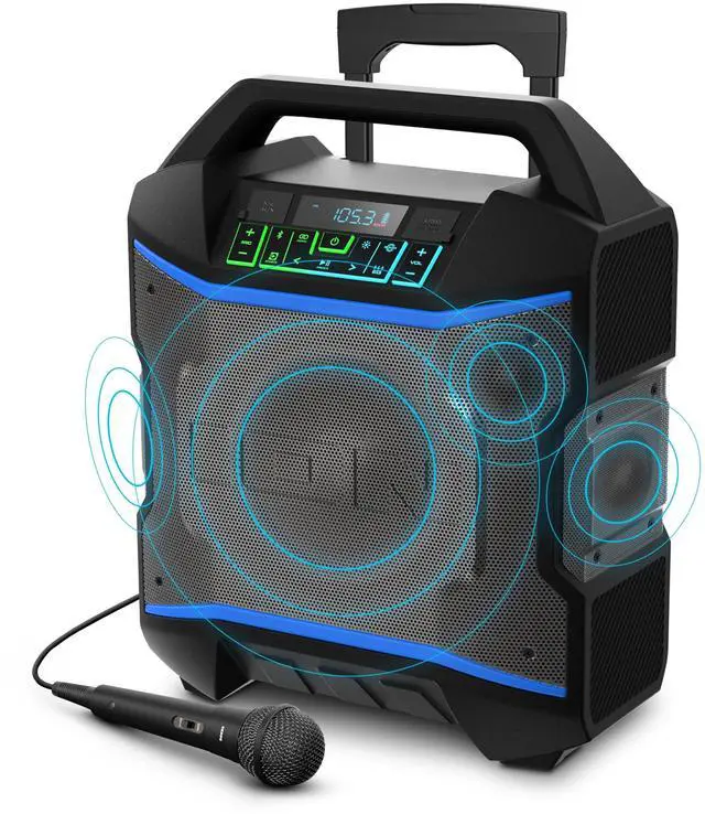 Main image of Block Rocker 120W Bluetooth Outdoor Speaker with Wheels | Water Resistant, Radio, Karaoke Mic, USB Charging, Stereo Linking, Bass Boost and App Control, for Parties and Outdoor Events