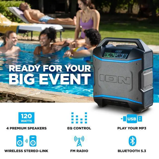 Alt view image 2 of 7 - Block Rocker 120W Bluetooth Outdoor Speaker with Wheels | Water Resistant, Radio, Karaoke Mic, USB Charging, Stereo Linking, Bass Boost and App Control, for Parties and Outdoor Events
