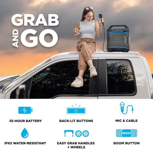 Alt view image 4 of 7 - Block Rocker 120W Bluetooth Outdoor Speaker with Wheels | Water Resistant, Radio, Karaoke Mic, USB Charging, Stereo Linking, Bass Boost and App Control, for Parties and Outdoor Events