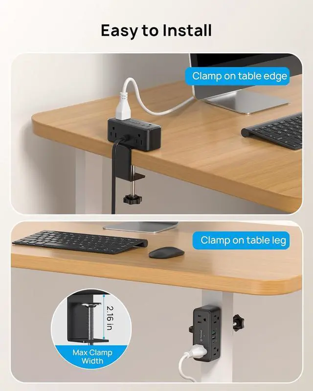 Alt view image 3 of 7 - Compact Desk Clamp Power Strip 5 ft, Fit 2.16" Tabletop Edge, Black | Flat Plug Fit Behind Furniture, 6 AC, 2 USB-C (20W), 2 USB-A, 900 J, Space-saving for Small Home Office Dorm Desk Accessories