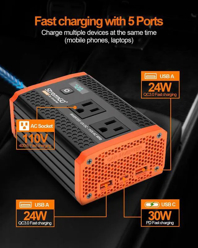 Alt view image 2 of 7 - 400W Power Inverters for Vehicle Dual AC Car Plug Adapter Outlet | USB 24W/30W Fast Charge, Inverter 12V to110V, Cigarette Lighter Adapter for Laptop/Camping/Road Trippers
