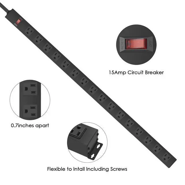 Alt view image 3 of 7 - HHOSET Long Power Strip Surge Protector, 16 Ports, Black, 10FT | Heavy Duty, Extension Cord Multiple Outlets, Wide Spaced, Metal, Large, Wall Mount Plug Extender, Under Desk, Garage