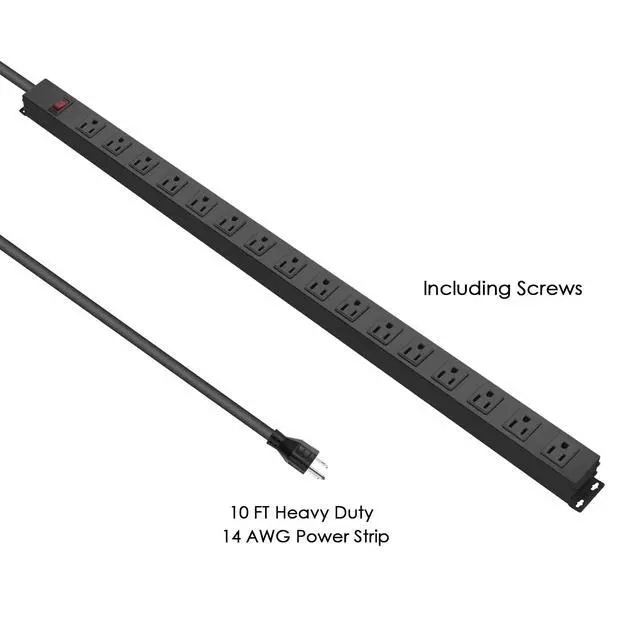 Alt view image 4 of 7 - HHOSET Long Power Strip Surge Protector, 16 Ports, Black, 10FT | Heavy Duty, Extension Cord Multiple Outlets, Wide Spaced, Metal, Large, Wall Mount Plug Extender, Under Desk, Garage