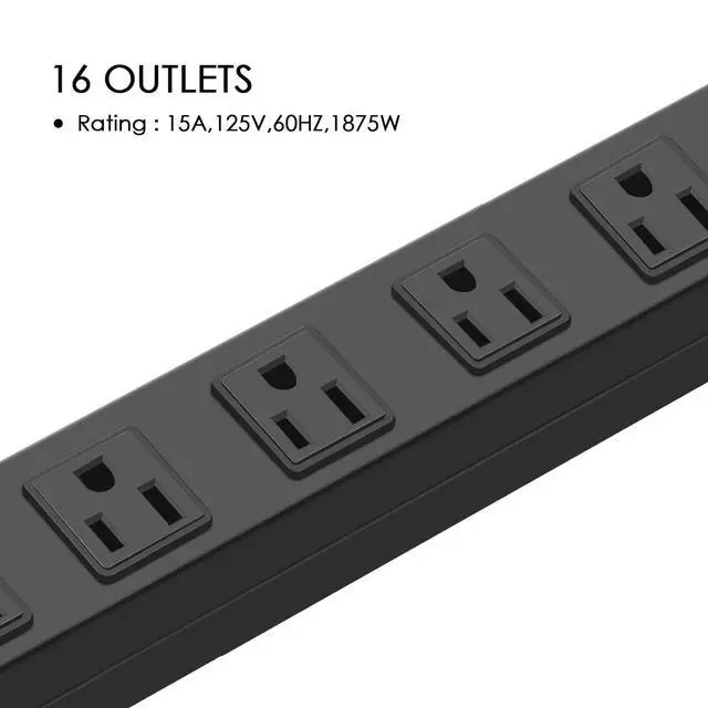 Alt view image 5 of 7 - HHOSET Long Power Strip Surge Protector, 16 Ports, Black, 10FT | Heavy Duty, Extension Cord Multiple Outlets, Wide Spaced, Metal, Large, Wall Mount Plug Extender, Under Desk, Garage