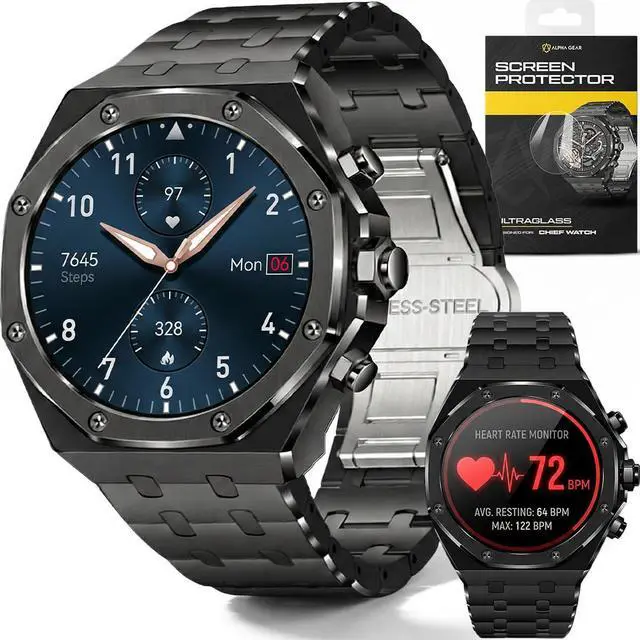 Main image of Chief Smartwatch for Men, Premium Hex Bezel Metal Smart Watch, AI Voice Assistant, 14-Day Battery, AMOLED Display, Bluetooth Calling, Stainless Steel, Water Resistant (Dark Gray)