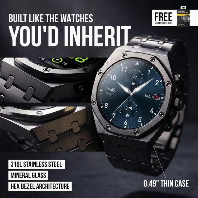 Alt view image 2 of 7 - Chief Smartwatch for Men, Premium Hex Bezel Metal Smart Watch, AI Voice Assistant, 14-Day Battery, AMOLED Display, Bluetooth Calling, Stainless Steel, Water Resistant (Dark Gray)