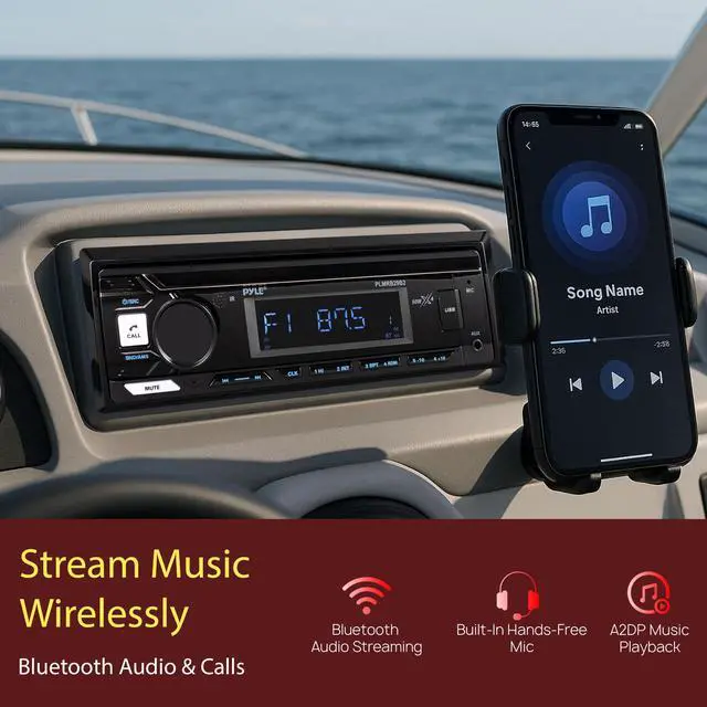 Alt view image 3 of 7 - Marine Radio Stereo Receiver with Bluetooth MP3 Player - Single DIN Boat Audio System, AM/FM Tuner, USB/AUX Input, 30 Preset Stations, Hands-Free Calling, 350 W Power for Marine and Boat Use
