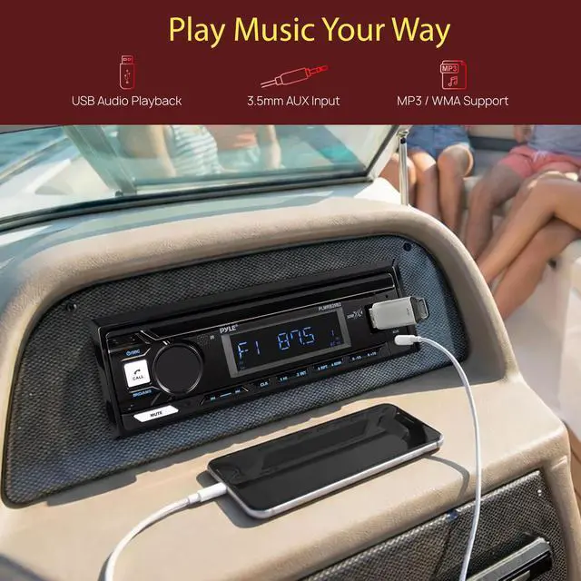 Alt view image 5 of 7 - Marine Radio Stereo Receiver with Bluetooth MP3 Player - Single DIN Boat Audio System, AM/FM Tuner, USB/AUX Input, 30 Preset Stations, Hands-Free Calling, 350 W Power for Marine and Boat Use