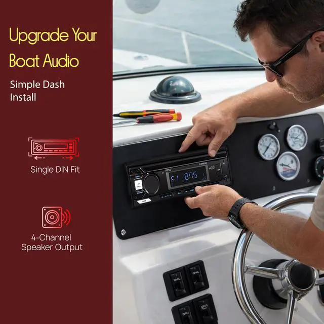 Alt view image 7 of 7 - Marine Radio Stereo Receiver with Bluetooth MP3 Player - Single DIN Boat Audio System, AM/FM Tuner, USB/AUX Input, 30 Preset Stations, Hands-Free Calling, 350 W Power for Marine and Boat Use